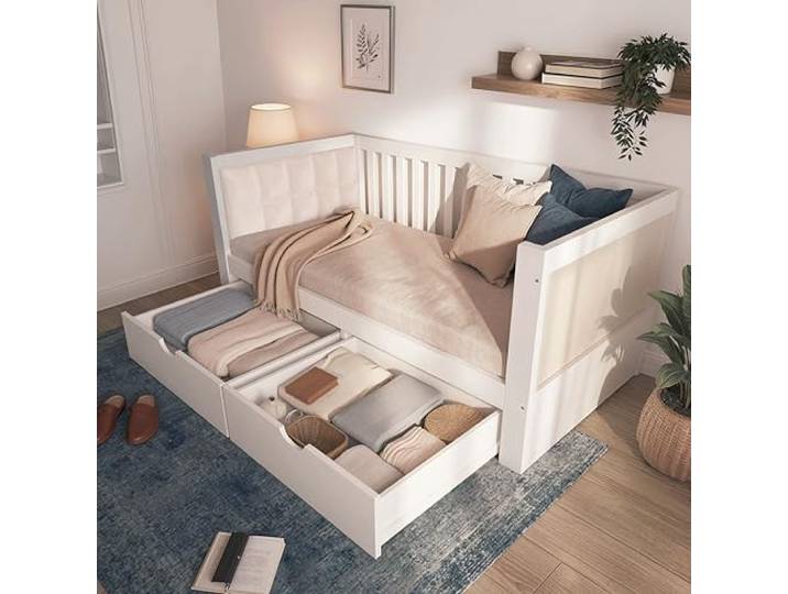 Bellemave Tagesbett 90x200, Schlafsofa mit 2 Schubladen, Kiefernholz, Weiß 2 Stauraumschubladen, abgerundete Armlehnen, gepolsterte Rückenlehne, Lattenrost, bis 150kg belastbar, Tagesbett Schlafsofa