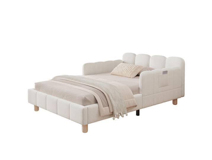 Wishdor Kinderbett 90/200 cm in Beige Samt mit Seitenschutz und Taschen, Metall, Rechteckig, 90x200 cm, Schlafzimmer, Betten, Polsterbetten