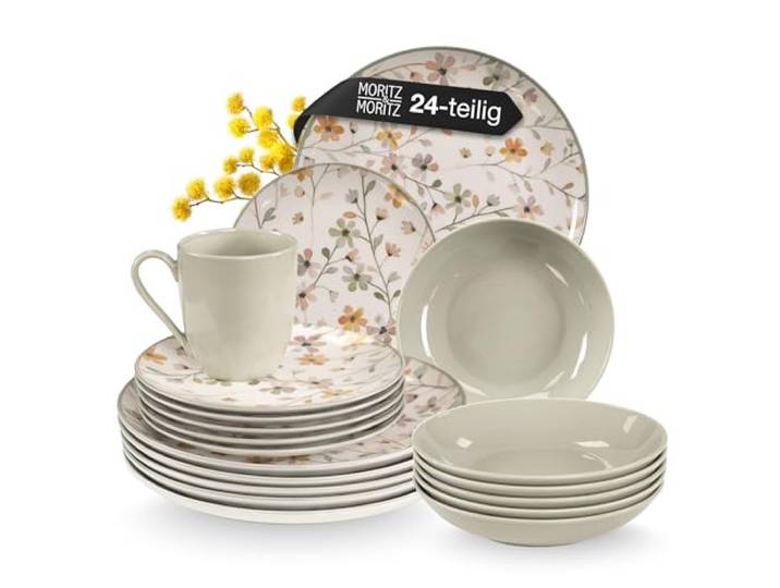 Moritz & Moritz Steingut Geschirr Set 6 Personen mit Kaffeetassen - 24-tlg. Tafelservice mit Teller Set, Müslischüssel & Tassen 400ml - Spülmaschinengeeignet - Serie Primavera