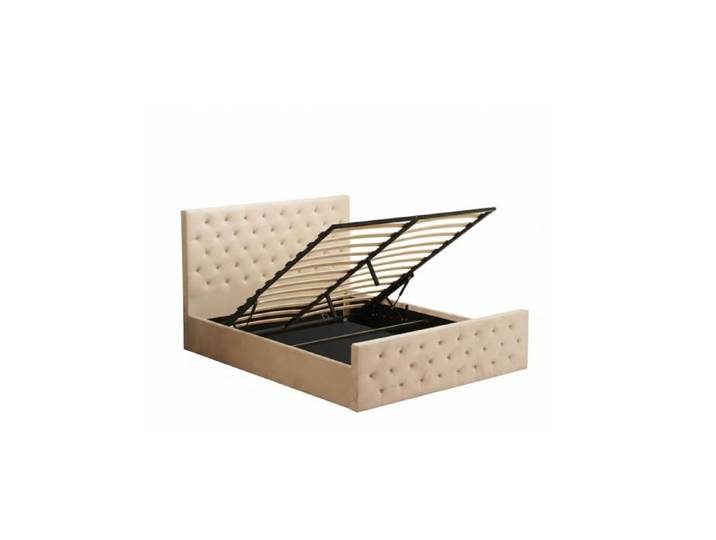 Lit coffre capitonné velours beige 140x190 cm sommier inclus VICTORIA