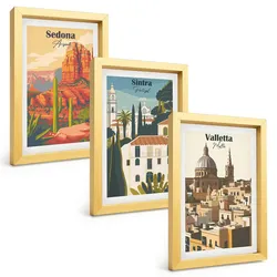 BILDER SET 3er Set - 20x30 cm Goldrahmen - Ansichten Sedona Sintra Valletta Retro
