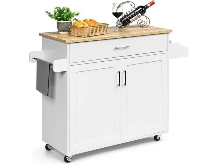 COSTWAY Desserte de Cuisine Bîlot de Cuisine à Roulettes avec Grand Placard Tiroir Porte-Epices et Porte-Serviettes Blanc