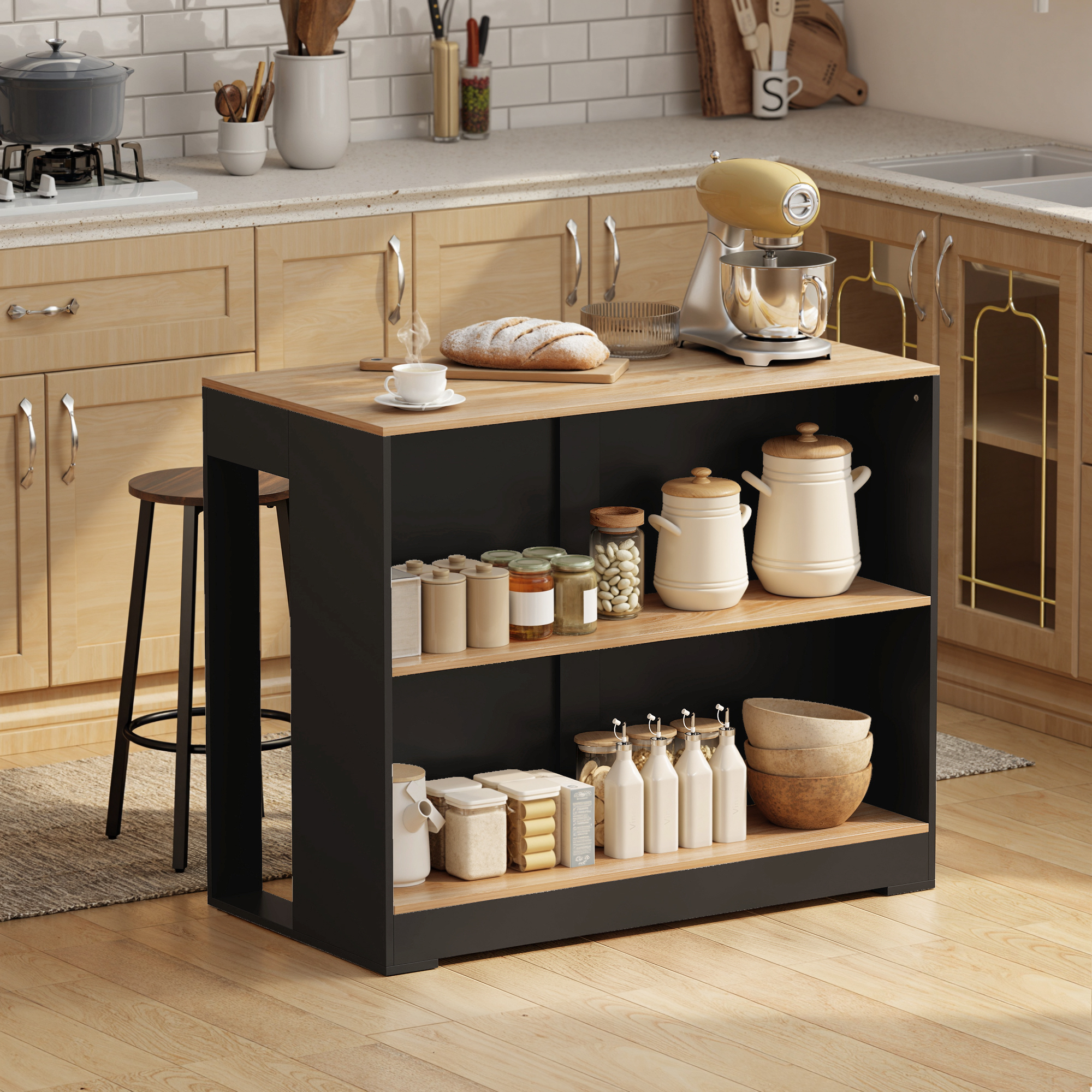 Homcom Bancone Bar Isola da Cucina con 3 Ripiani per Soggiorno e Salotto, 113x60x90 cm, Nero e Legno   Aosom Italy