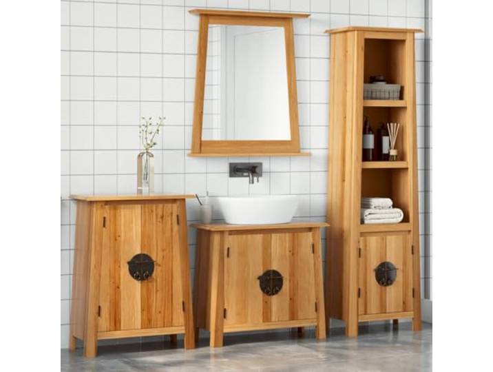 HWKQEQRF 4-TLG. Badmöbel-Set Massivholz Kiefer mit Spiegel und Schrank Massives Kiefernholz, gerader Maserung, Aststellen, Metallgriffe, unverzerrte Spiegelung, Stauraum