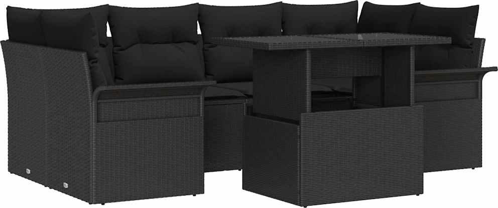 Modulares Garten-Sofa-Set, 7-teilig, für 6 Personen, mit höhenverstellbarem Tisch, aus Poly-Rattan & Akazienholz, Schwarz, inklusive Kissen