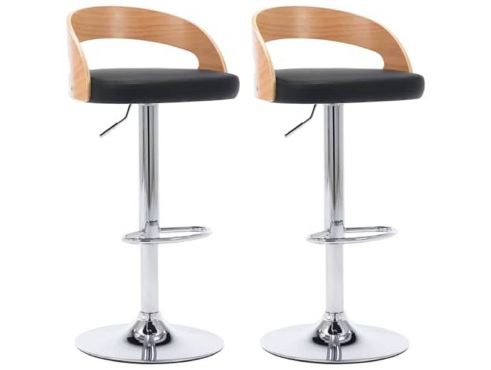 Barhocker, Schwarz, Kunstleder und gebogenes Holz, 2 Stück Höhenverstellbar, integrierte Fußstütze, robuster Metallrahmen, für Bar oder Esszimmer