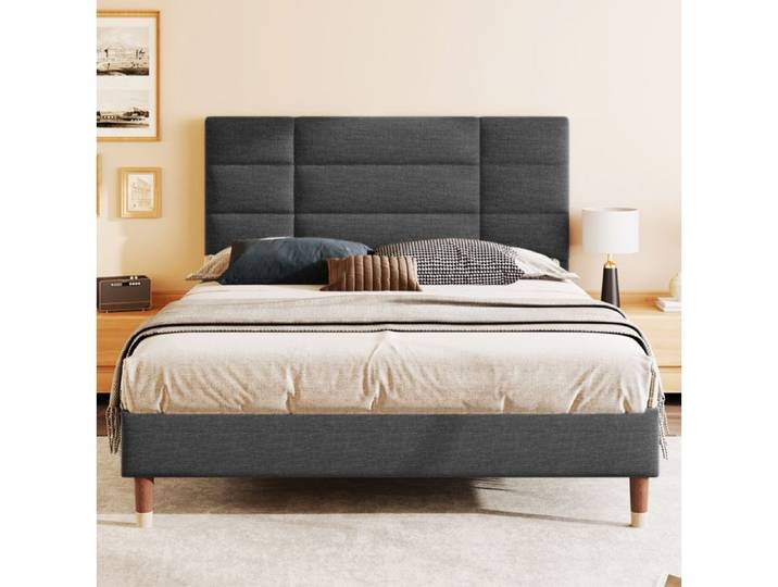 WUVRIE Lit double rembourré 140 x 200 cm avec sommier à lattes et matelas 7 zones H3 gris foncé