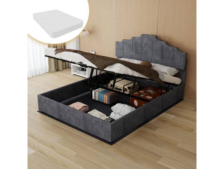 CollaHausse Lit Moelleux Minimaliste 140x200cm Gris Tête de Lit Confortable Coffre de Rangement avec Vérin Matelas Inclus