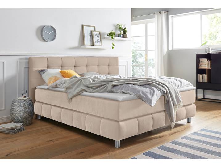 Boxspringbett, Strukturstoff, Beige, 194×211 cm, Mit Topper, Modern, andas