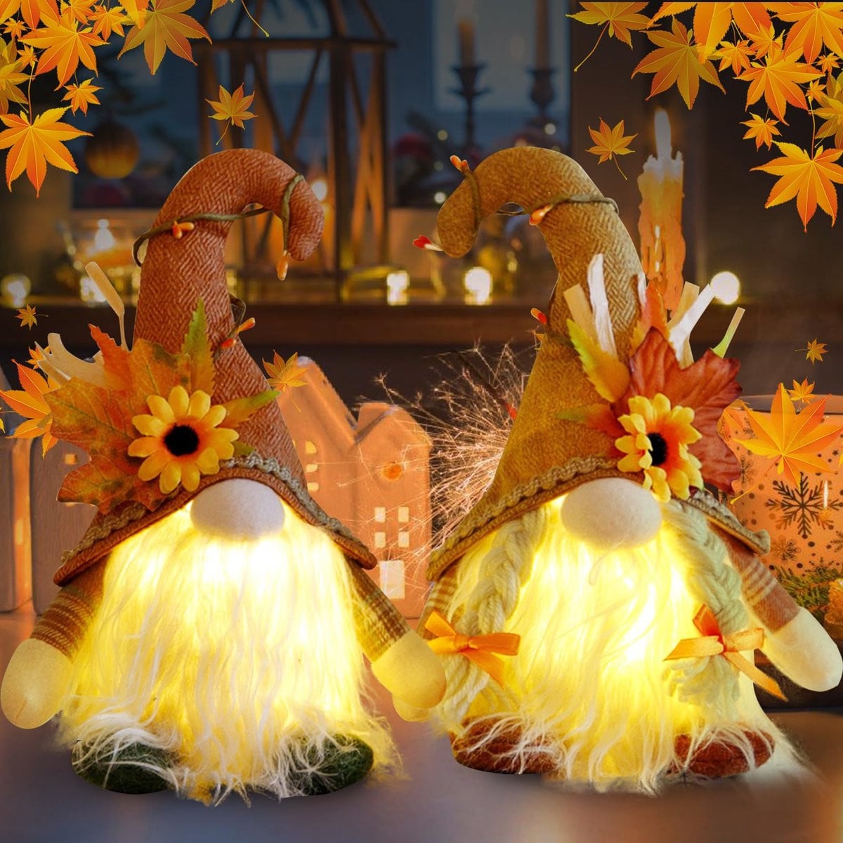 Set van 2 Pluche Herfstgnooms met Verlichting voor Tafeldecoratie