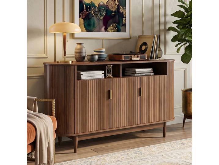 Buffet Enfilade 140x40x78cm Grand Rangement 3 Portes Façade Cannelée & Niches
