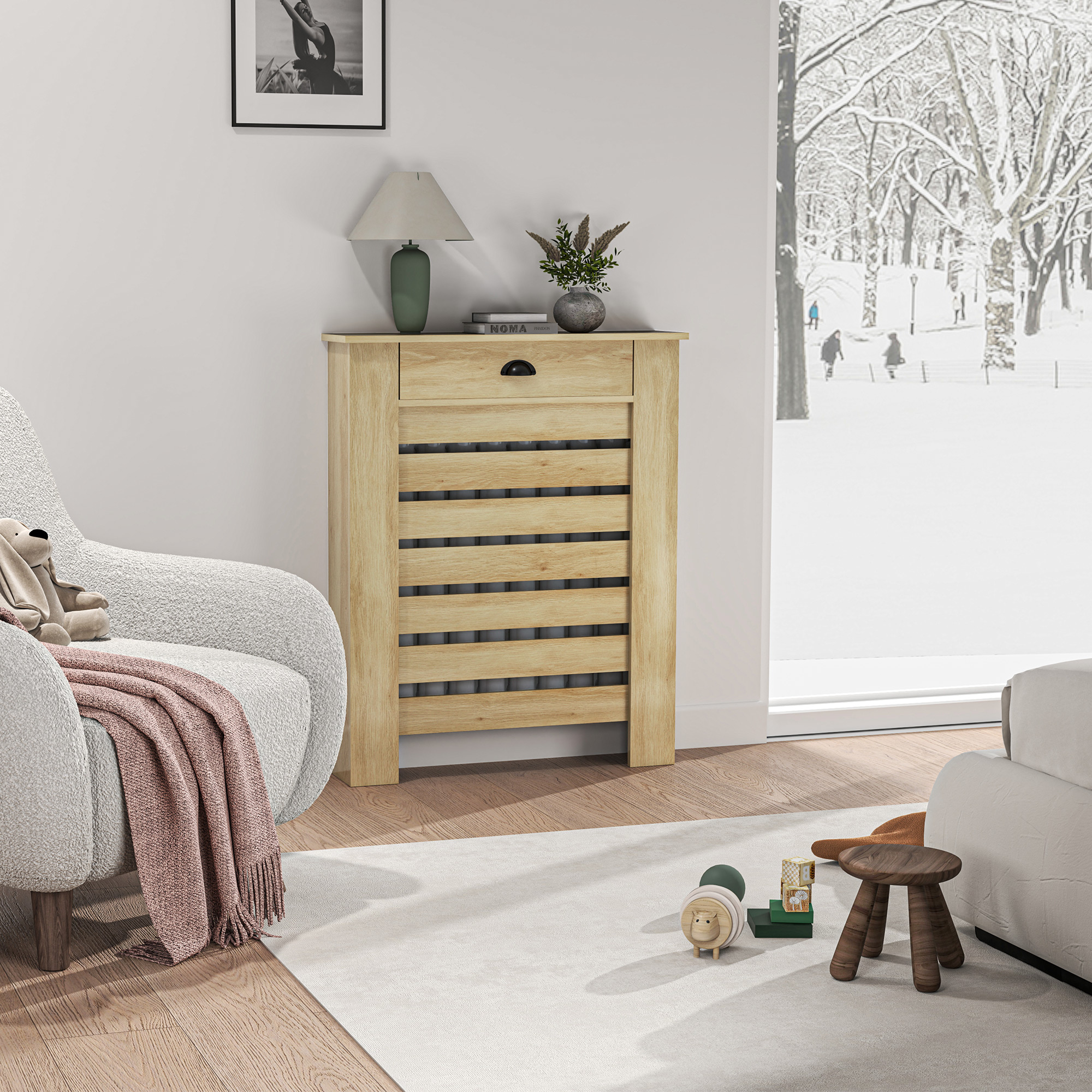 Homcom Copertura per radiatore copri radiatore griglia a doghe orizzontali con 2 cassetti in legno 78l x 19P x 95,5H cm rovere   Aosom Italy