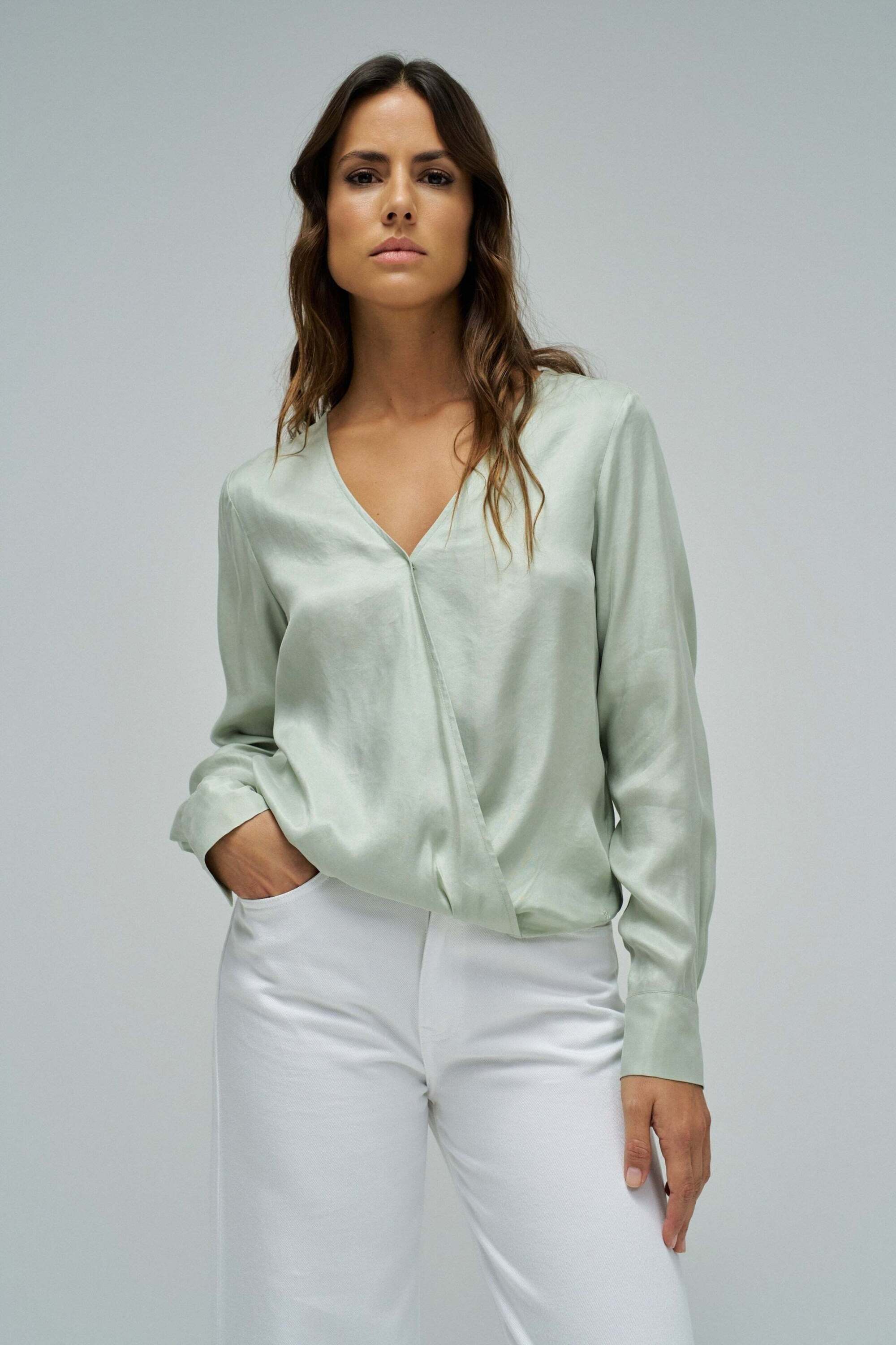Langarmbluse SALSA "Salsa Jeans Langarmbluse Wrap", Damen, Gr. XL, grün (hellgrün), Obermaterial: 58% Lyocell CLY. 42% Viskose CV., Blusen Langarmbluse hellgrün XL