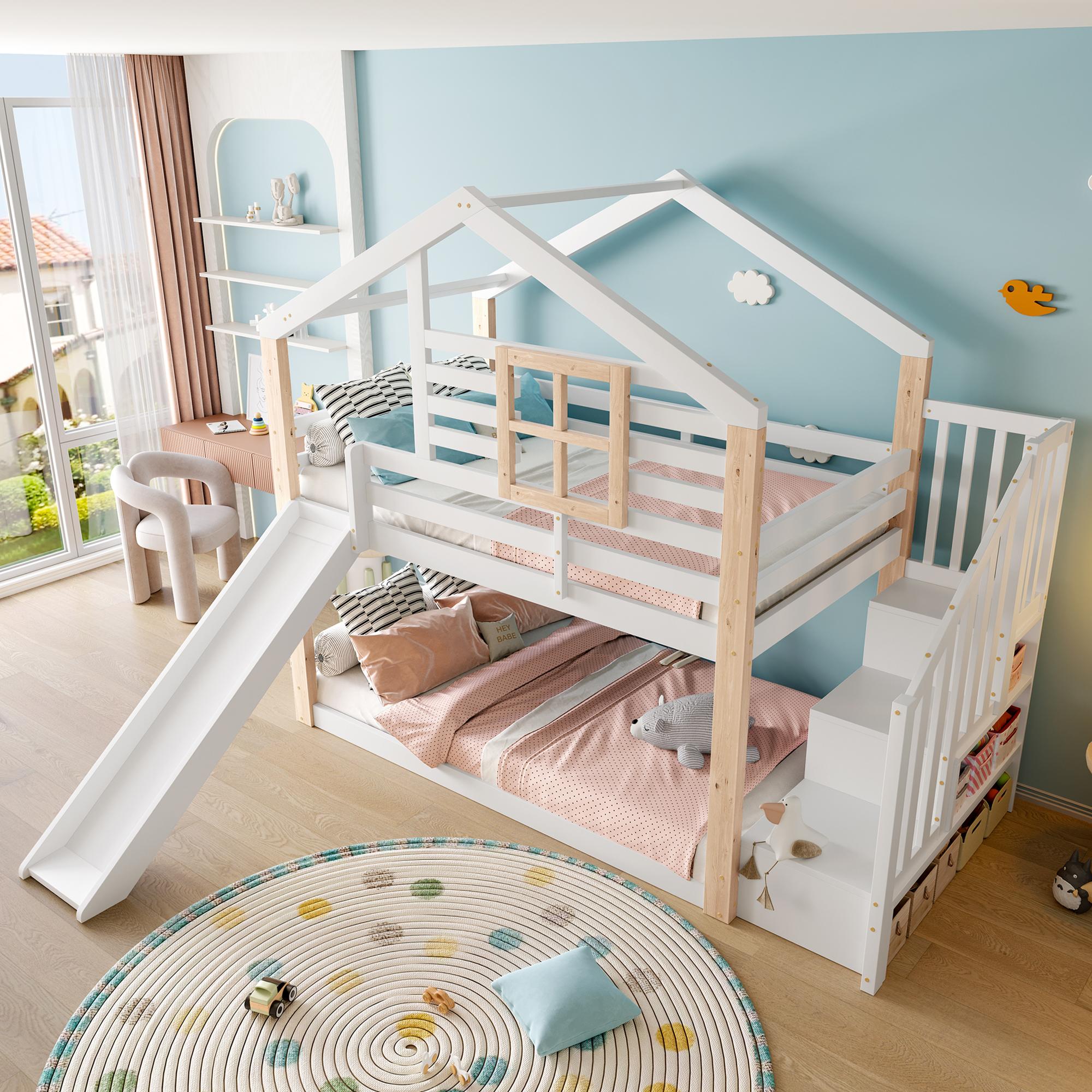 MODFU Etagenbett mit matratze 90×200cm Bettgestell,Kinderbett mit Rutsche und Treppe,Doppelbett mit Massivholzkonstruktion,Jugendbett mit Stauraum,Weiß