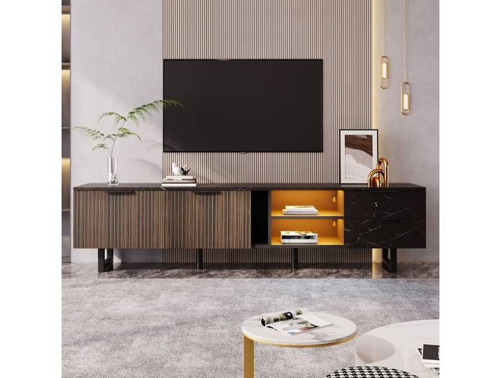 Meuble TV 200 cm avec optique en marbre noir, portes en bois foncé, éclairage LED réglable, deux portes et deux tiroirs