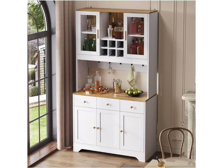 WOVREO Buffet haut 94 5 x 30 x 175 5 cm blanc avec aspect bois 5 portes 3 tiroirs et vitrines acryliques