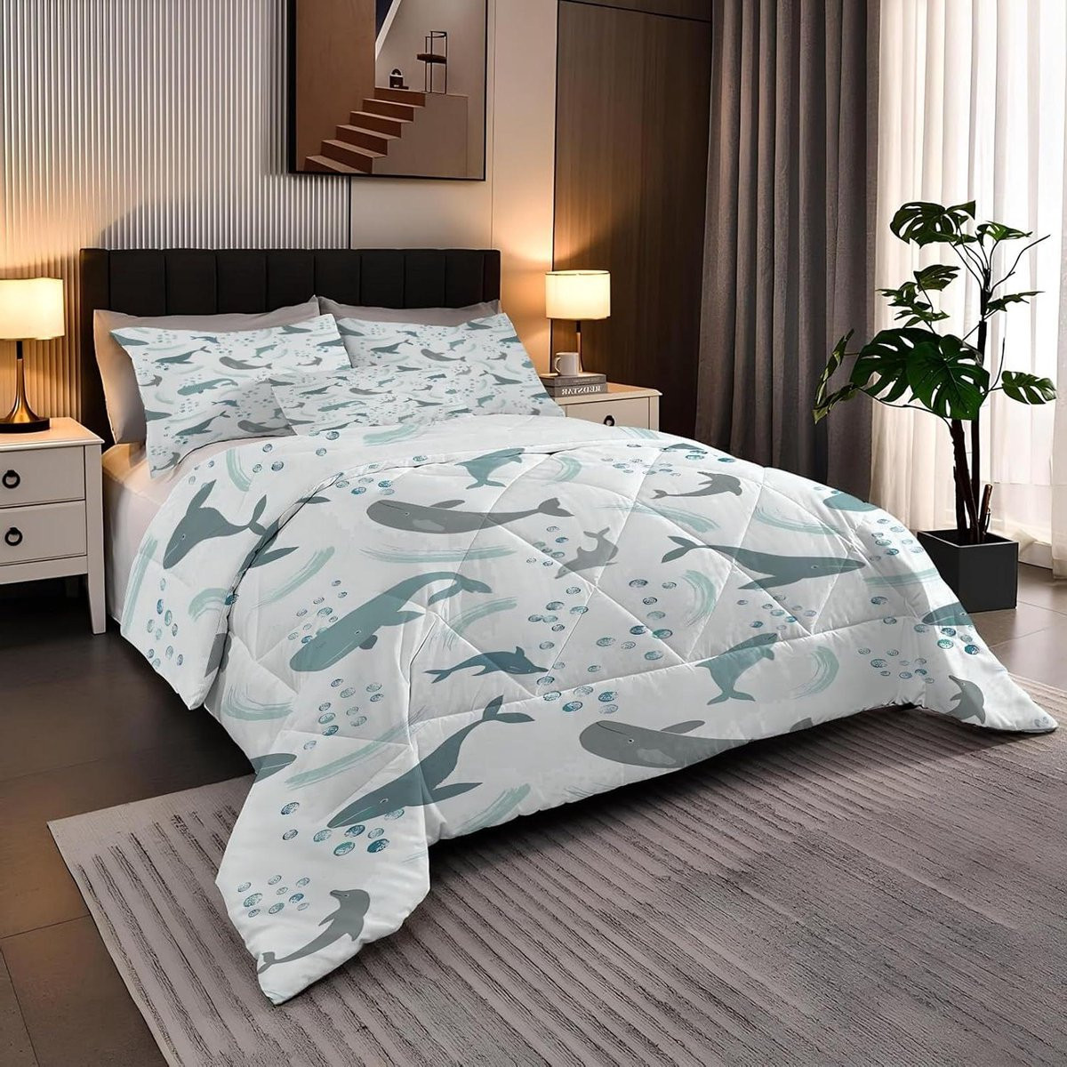 Onderhoudsvrij tweepersoons dekbed van microfibre in wit blauw, 200x200 cm