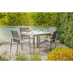 Gartenmöbel-Set Sydney 3, 5-teilig, Edelstahl, Tisch quadratisch, Stapelstühle, Textilene, Teakholz, grau, für Terrasse und Wintergarten