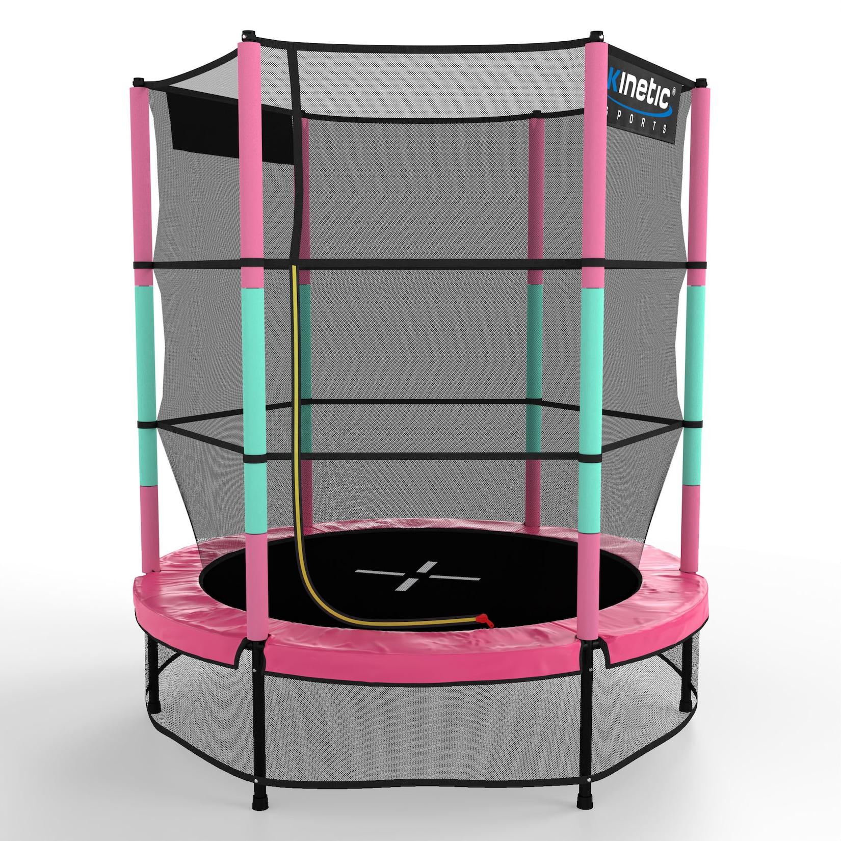 KINETIC SPORTS Kinder Trampolin JUMPER 140 cm - Inklusive Gummiseil Federung, Sicherheitsnetz mit Reißverschluss, Rahmenpolster, Schutz Bodennetz - Indoor Kindertrampolin Spielzeug Pink-Türkis