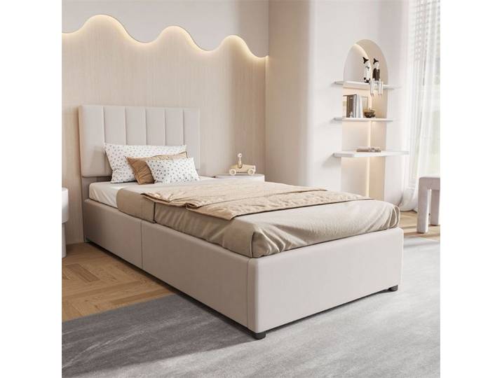 Lit 90x200cm - Lit enfant 90x200cm - Lit coffre capitonné sommier relevable à vérins et tête de lit réglable - Beige