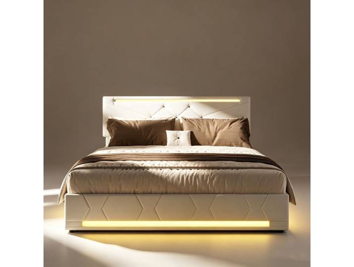 Lit 160x200 avec sommier lit coffre 160x200 cadre de lit 160x200 lit 2 personnes avec LED tissu en lin beige