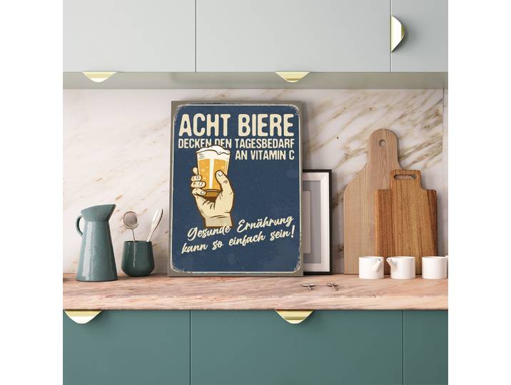 Metallbild QUEENCE Acht Biere Spruch Stahlschild Blechschild , blau (farbe bild(er): blau), B:20cm H:30cm T:0,2cm, Blech, Metall, Bilder, Metallbild, 20x30x0,2cm - mit 4 Lochbohrung