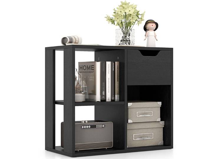 GOPLUS Petit Meuble de Rangement 60x30x53CM-Bibliothèque Basse avec 2 Etagères Ouvertes et 1 Tiroir-Style Moderne Noir