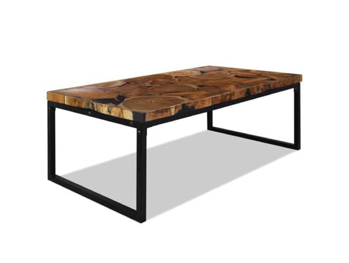 Tmriohed Couchtisch Teakholz Massiv mit Schwarzem Harz 110x60x40 cm Handgefertigter Beistelltisch aus Teak und Harz mit robustem Stahlgestell für Wohnzimmer und Lounge.