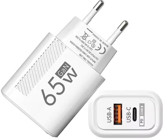 Câble de charge GaN 65W USB-C USB-A avec charge rapide PD et QC3.0 Blanc