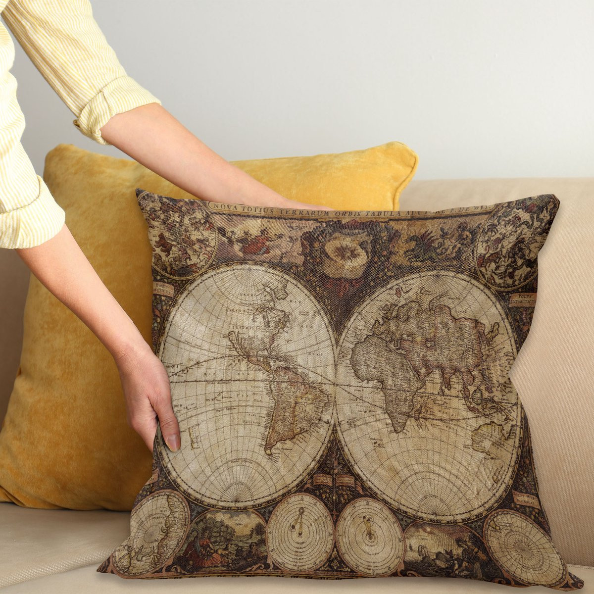 ABAKUHAUS Set van 4 Sierkussenhoezen met Marmerprint, Cadet Blauw, 45 x 45 cm