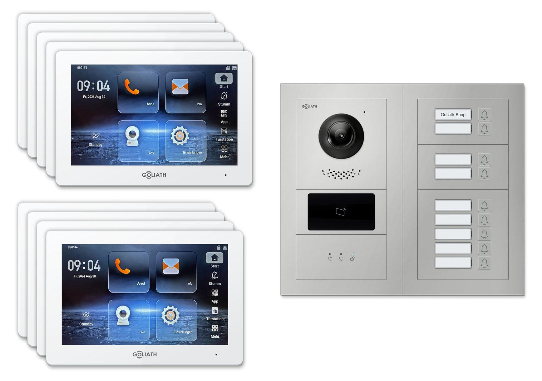 Goliath Premium IP GL-IPH915 Video-Türsprechanlage, 9 Familien, 9× 7 Zoll Weiß, Silber, Unterputz
