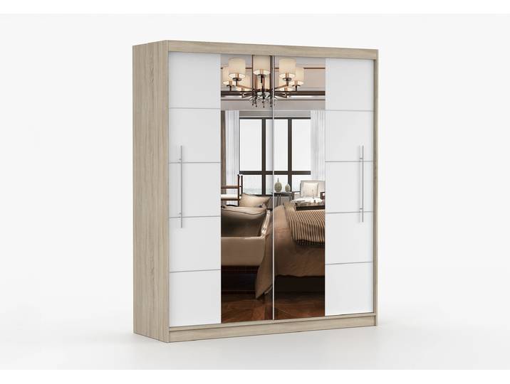 Schwebetürenschrank TORINO III 203 cm Sonoma Eiche Weiß + Spiegel Ohne LED-Beleuchtung