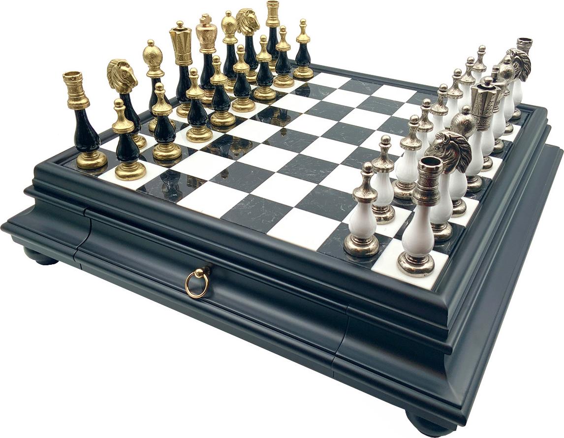 Schachset Buchenholz Weiss/Schwarz + Schachbrett Marmor/Holz Schwarz 46