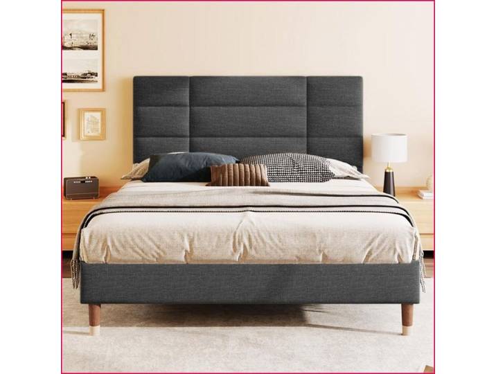 Lit Cadre 140x200cm Tête de Lit Rembourrée - Tissu Lin Gris - Design Universel Adultes/Adolescents