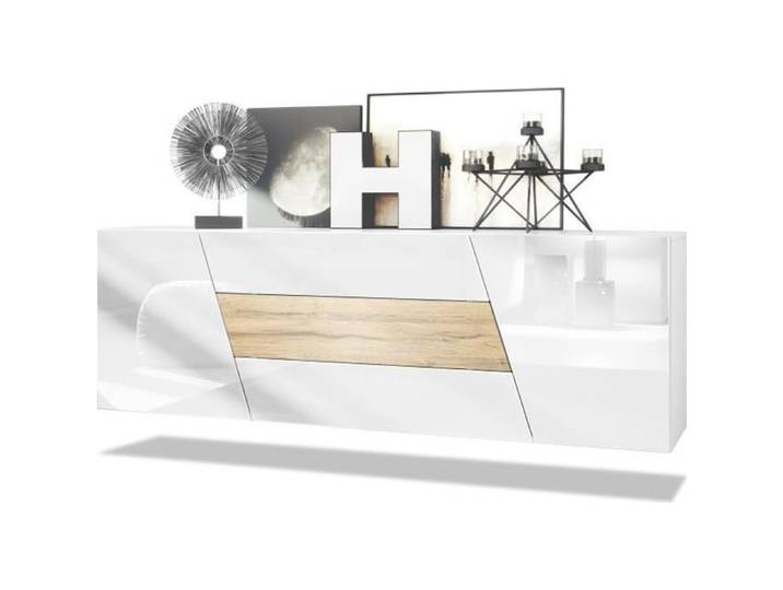 Buffet bas VLADON Houston - 2 portes 3 tiroirs - Blanc mat blanc brillant chêne nature