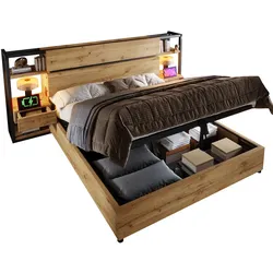 Holzbett 160x200 cm mit Hydraulischem Stauraum und USB-Anschlüssen – Moderner Industrie-Look in Eichenfarbe
