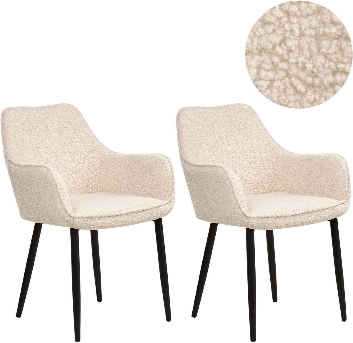 Set van 2 moderne Alden eetkamerstoelen met armleuningen in lichtbeige bouclé stof