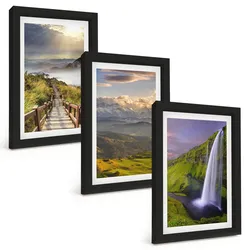 BILDER SET 3er Set - 20x30 cm Schwarzer Rahmen - Berglandschaften Wasserfall