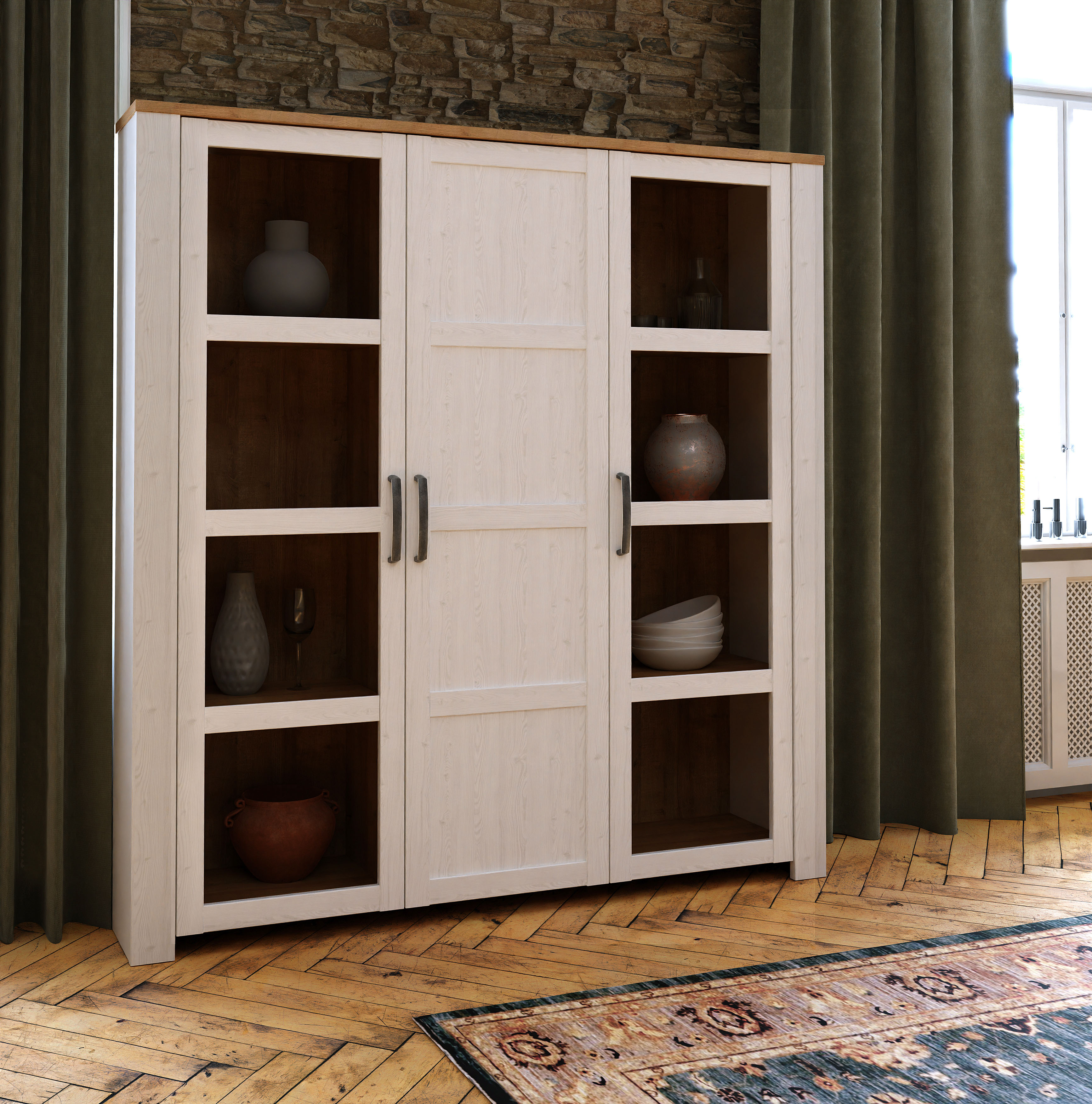 Highboard FORTE "Bohol, grosses Highboard 2, Glastüren, viel Stauraum", weiss (riviera eiche, sibiu lärche hell), B:151,1cm H:160,6cm T:42cm, Glas, Spanplatte, Sideboards, Highboard, B/H/T 151,1/160,6/42 cm Beleuchtung optional bestellbar riviera eiche, s