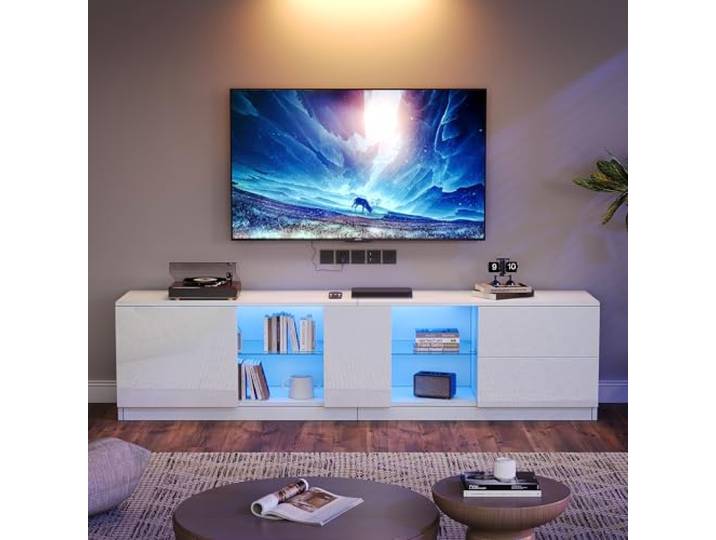 FammyLoft 160cm Hochglanz TV Schrank mit LED-Beleuchtung, TV Board mit 2 Schubladen und 1 Schranktür, Modern Fernsehschrank, Fernseher Schrank für Wohnzimmer, TV Lowboard, Weiß