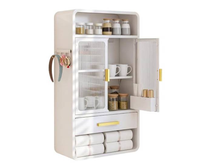 Badezimmer Hängeschrank, Kohlenstoffstahl Hängeschrank Küche, 14cm Tief Geschlossener Wandschrank Hängend, Verstellbare Regalböden, 2 Transluzente Magnettüren, Magnetische Haken(30cm/12in)