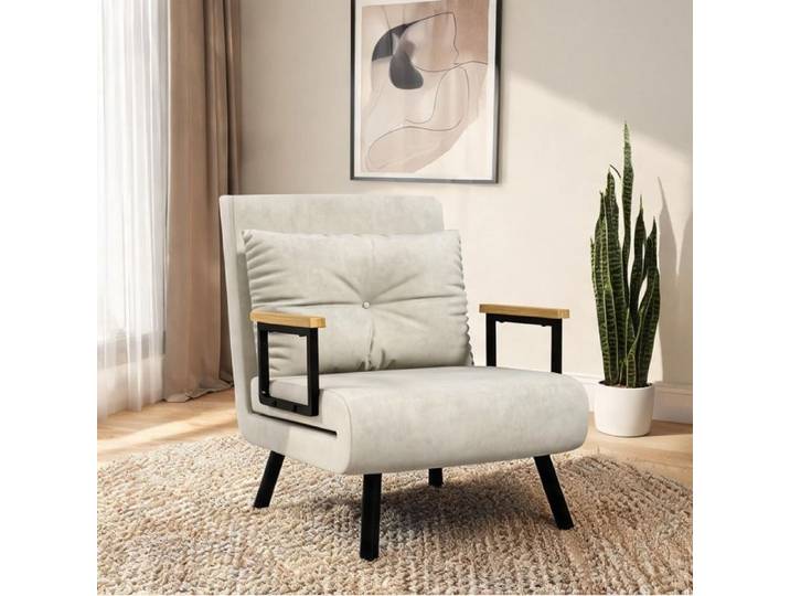 Fauteuil lit 1 place crème velours 5 positions convertible 4 en 1 accoudoirs bois
