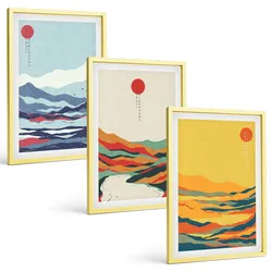 BILDER SET 3er Set - 40x60 cm Goldrahmen - Abstraktion von farbenfrohen Bergen und Flüssen