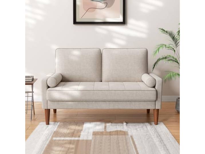 Sofa 2-Sitzer, Kleines Sofa aus Leinenimitat, Beigegrau, 121*77*87 cm Kleines Sofa für kleine Räume, Mid-Century-Modern-2-Sitzer, einfach zu montierendes Sofa für Wohnzimmer und Schlafzimmer