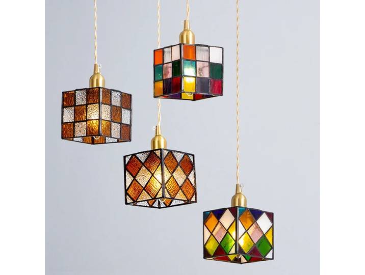 Plafonnier Suspendu Tiffany Cube Coloré, Lustre Nordique, Décoration Intérieure, Vitrail, Luminaire, Salle À Manger, Lampe De Cuisine