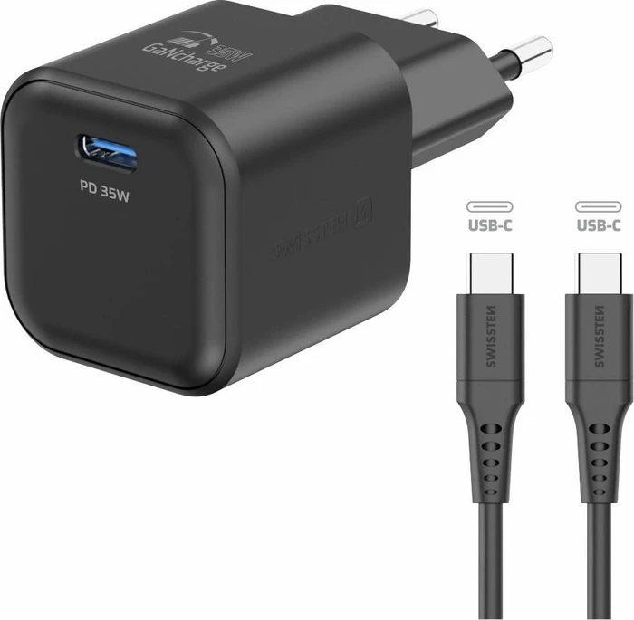 Swissten Netzwerkadapter GaN 1x USB-C 35W Power Delivery + Datenkabel USB-C/USB-C 1,2m schwarz