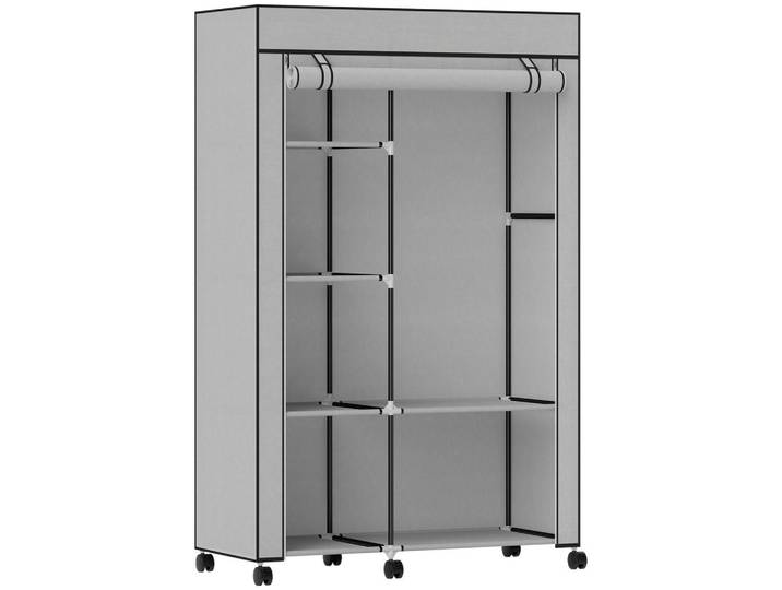 Homcom Stoffschrank mit 2 Kleiderstangen, 6 Fächern Hellgrau, Metall, 43x162.5x103 cm, Schlafzimmer, Kleiderschränke, Schrankzubehör
