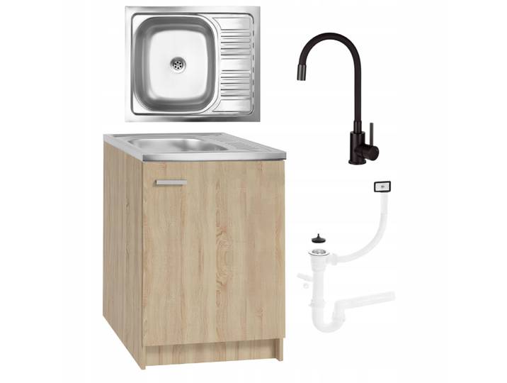 Meuble De Cuisine Chêne Sonoma - 60x50cm - Évier En Acier - Robinet Flexible Noir - Cuisine