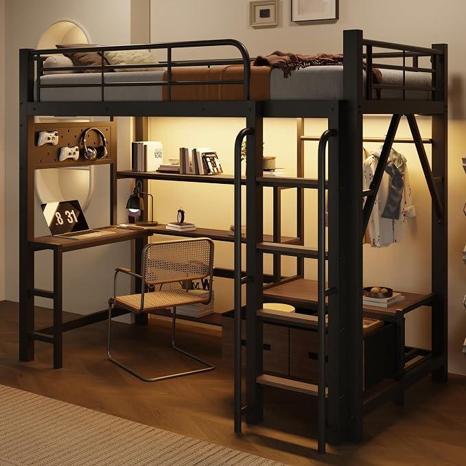 Hochbett 140x200 cm Metall mit Schreibtisch, Regalen, USB & LED, Schwarz | Ohne Matratze, Lochwand, Stoffschubladen, Kleiderstange und Sicherheitsgeländer für Ordnung und vielseitige Nutzung