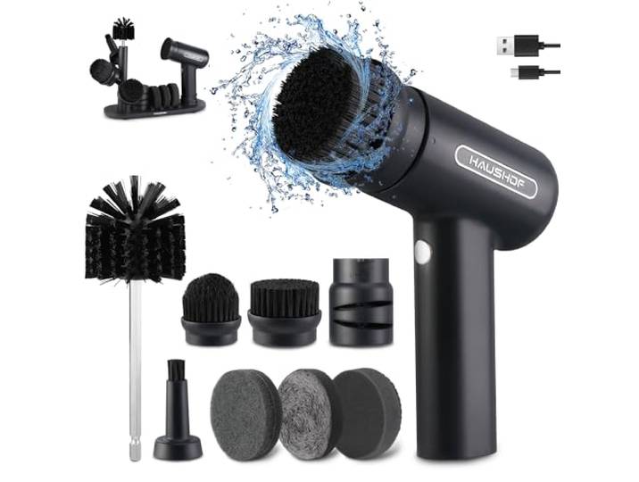 HAUSHOF Brosse de Nettoyage Électrique\, Brosse Électrique à Batterie avec Support\, Écran LCD\, 3 Vitesses Réglables\, 7 Têtes de Brosse et 1 Affûteur de Couteaux pour Nettoyer la Cuisine\, Salle de Bain